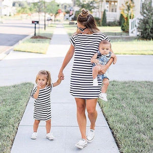 Summer Striped Mother & Daughter Matching Dress Women Girls Striped Tshirt Tops Family Clothes - Fashion Hunter