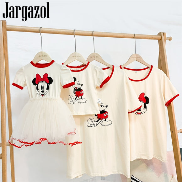 Family Matching Clothes Cartoon Mickey Minnie Printed Summer Shirt Daughter Dress Dad Son and Me Mother Family Look Outfits - Fashion Hunter